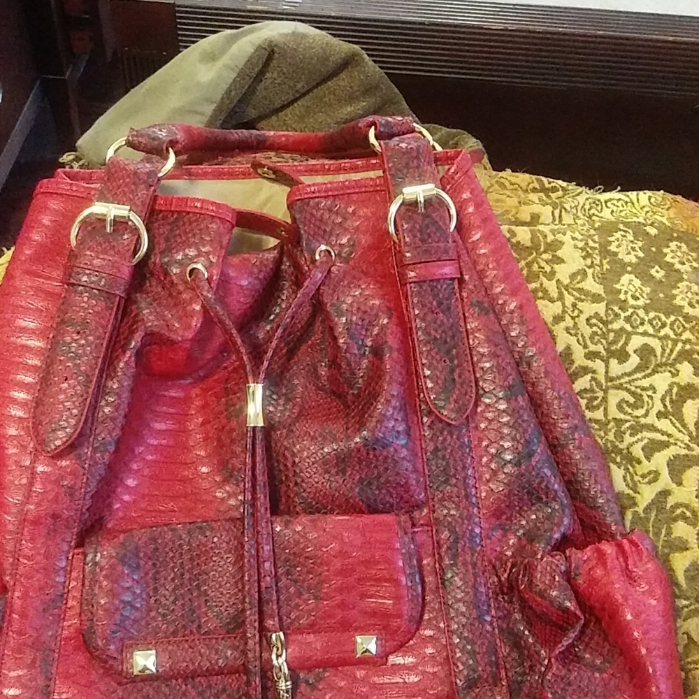 IMAN Faux Snake Skin Red Large 16" x17" Purse